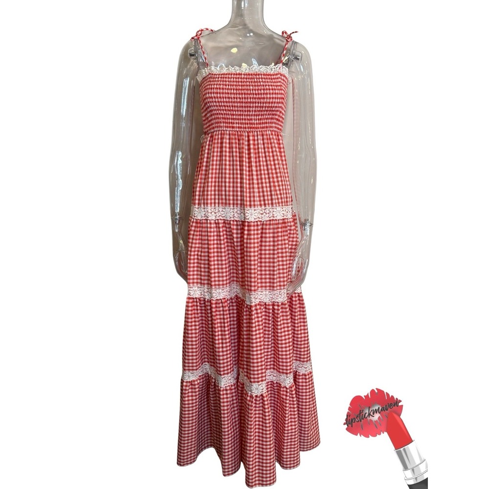 VTG 70s Candi Jones California Dress 11 Red Prairie Lace Maxi Boho Cottagecore